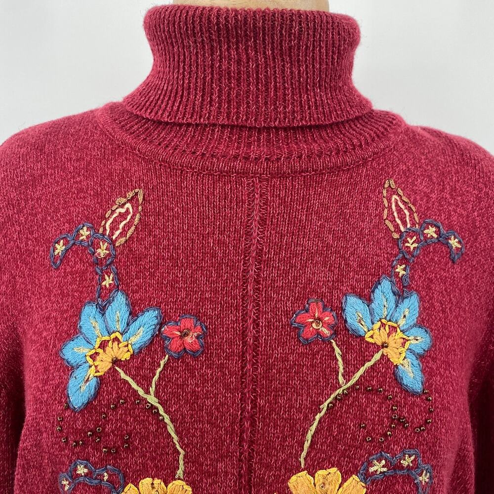 Vintage 90s Embroidered Floral Sweater Turtleneck Cotton Ramie Fringe Hem Large - Picture 2 of 8